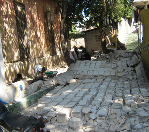Concrete block wall, fallen